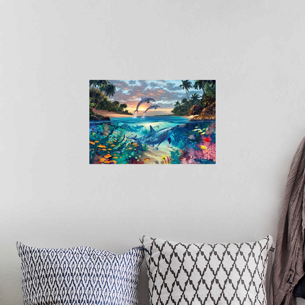 A bohemian room featuring Big fantasy painting on canvas of dolphins swimming underneath the water with other fish and two ...
