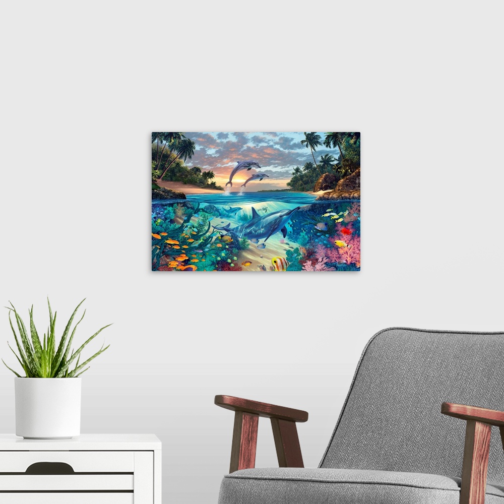A modern room featuring Big fantasy painting on canvas of dolphins swimming underneath the water with other fish and two ...
