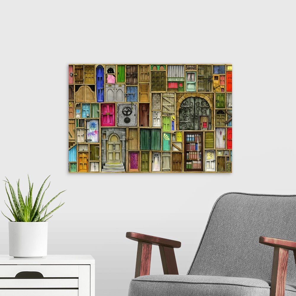 A modern room featuring A whimsical and very finely-detailed illustration of dozens of different style doors making up a ...