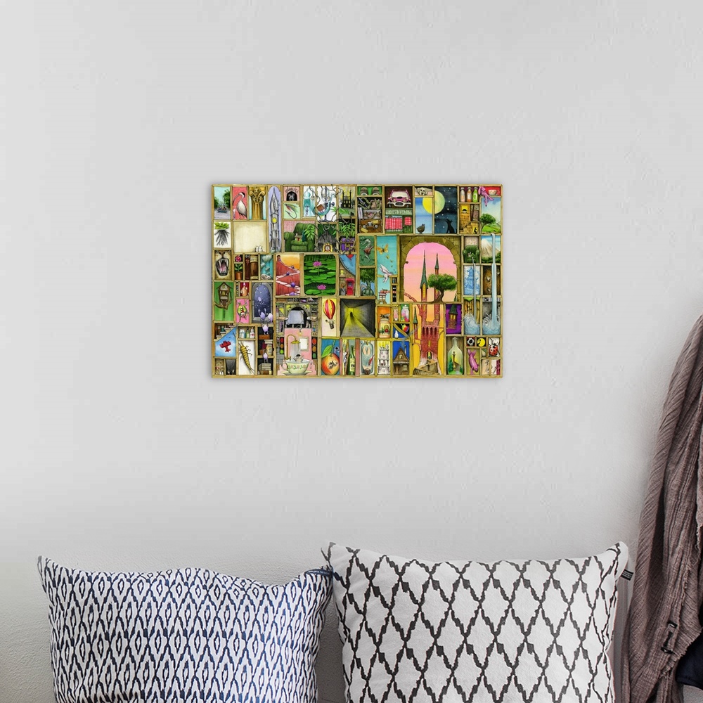 A bohemian room featuring A variety of drawings are formed inside different size blocks throughout this large piece.