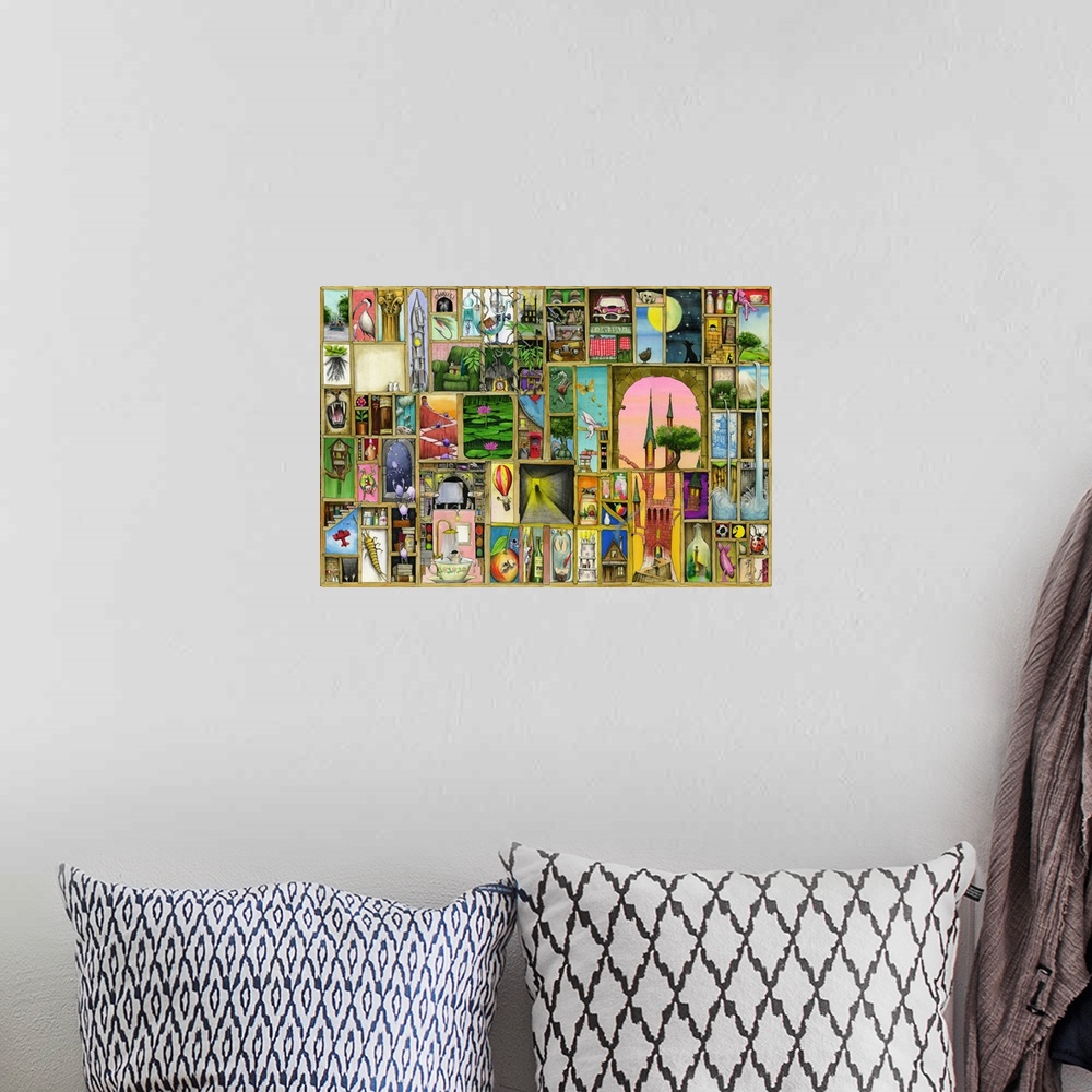 A bohemian room featuring A variety of drawings are formed inside different size blocks throughout this large piece.