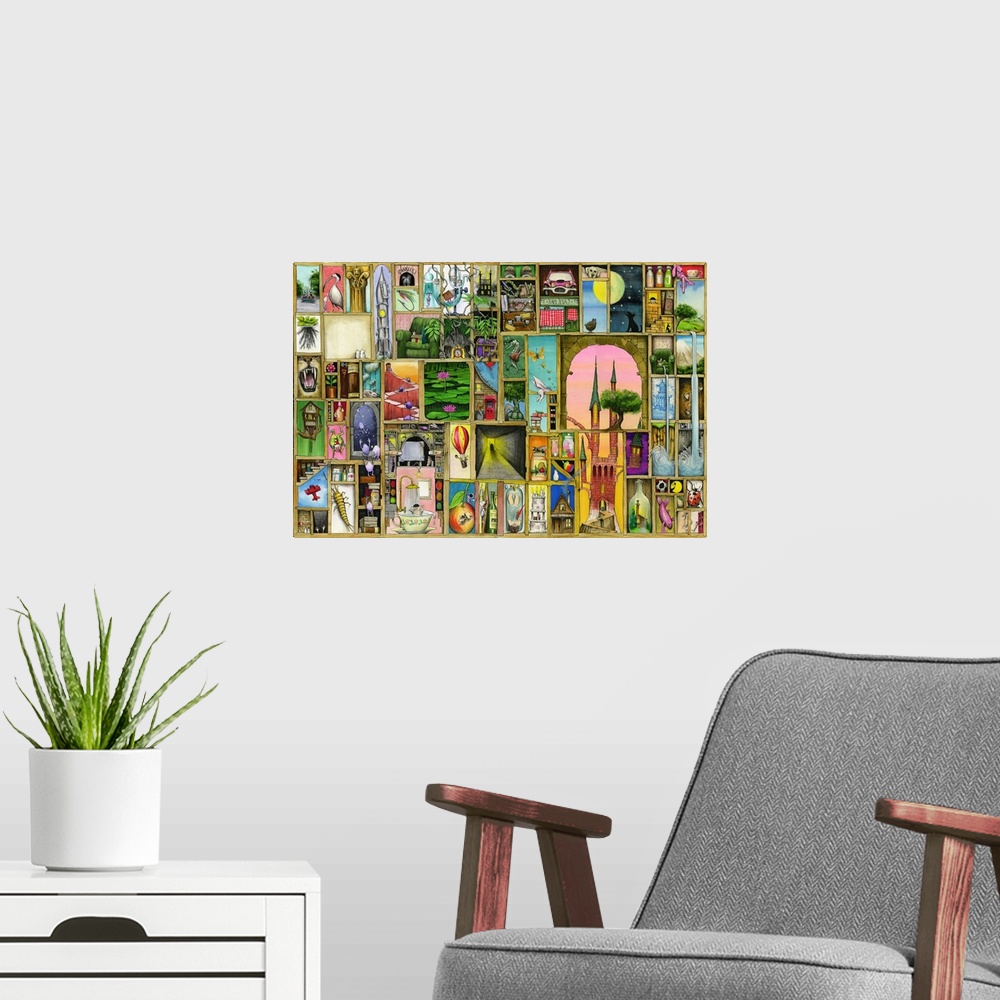 A modern room featuring A variety of drawings are formed inside different size blocks throughout this large piece.