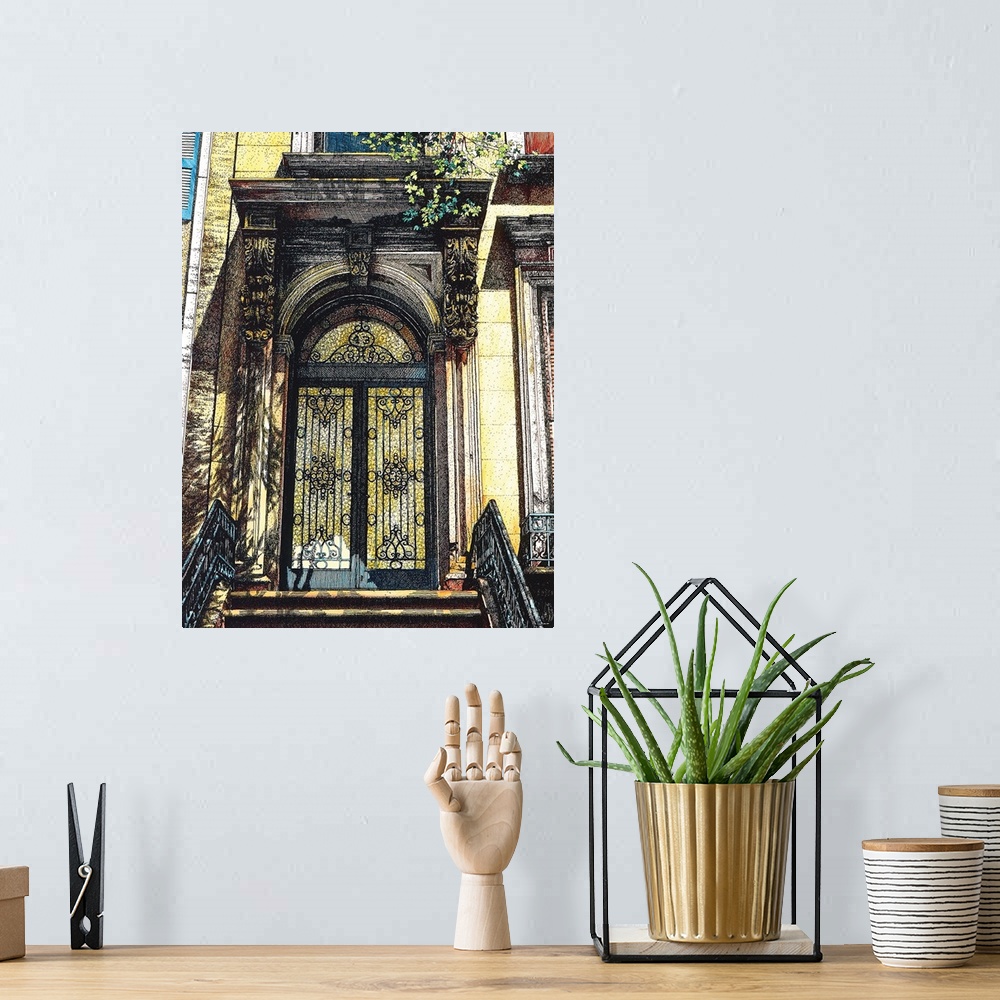 A bohemian room featuring Contemporary illustration of an ornately decorated door to an urban building.