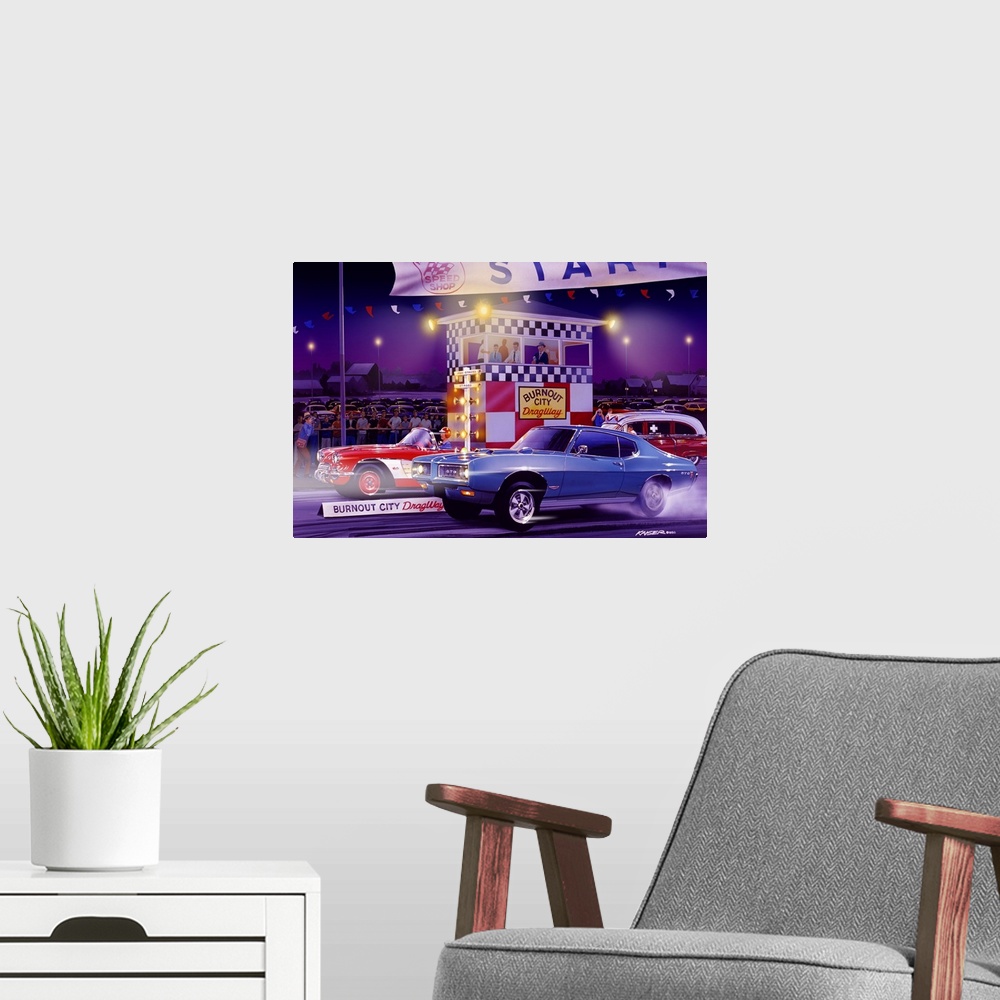 A modern room featuring Big, horizontal canvas art of an American drag race scene at night, from the late sixties, with a...