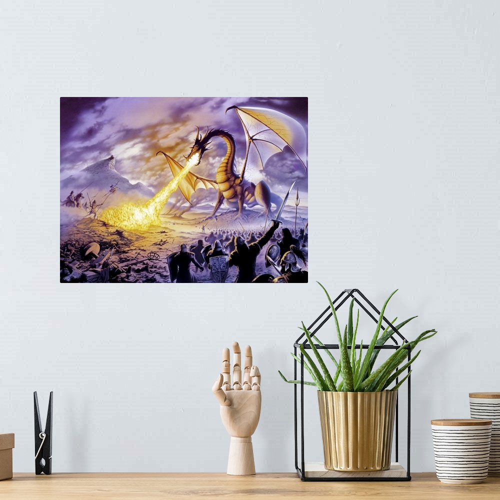 A bohemian room featuring Fantasy illustration of a fire-breathing dragon fighting an army of sword-wielding medieval knigh...