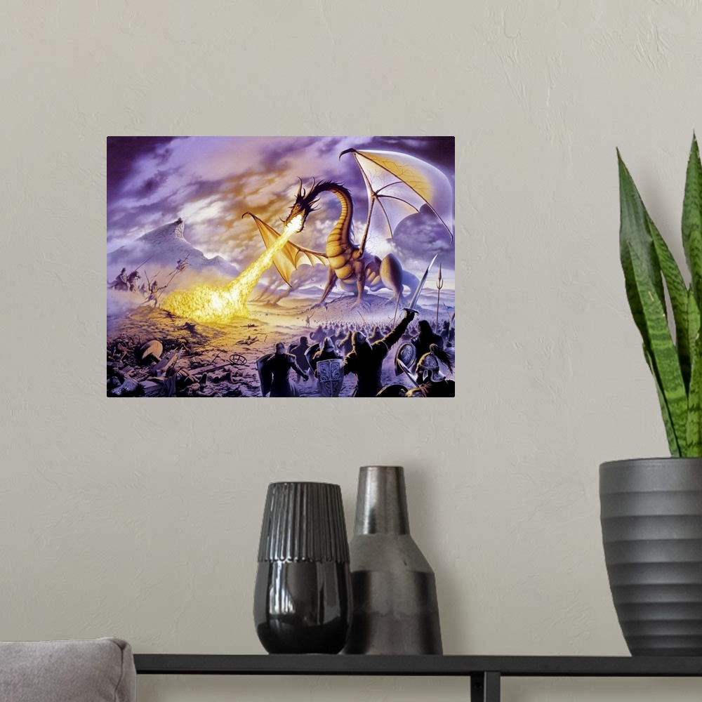 A modern room featuring Fantasy illustration of a fire-breathing dragon fighting an army of sword-wielding medieval knigh...