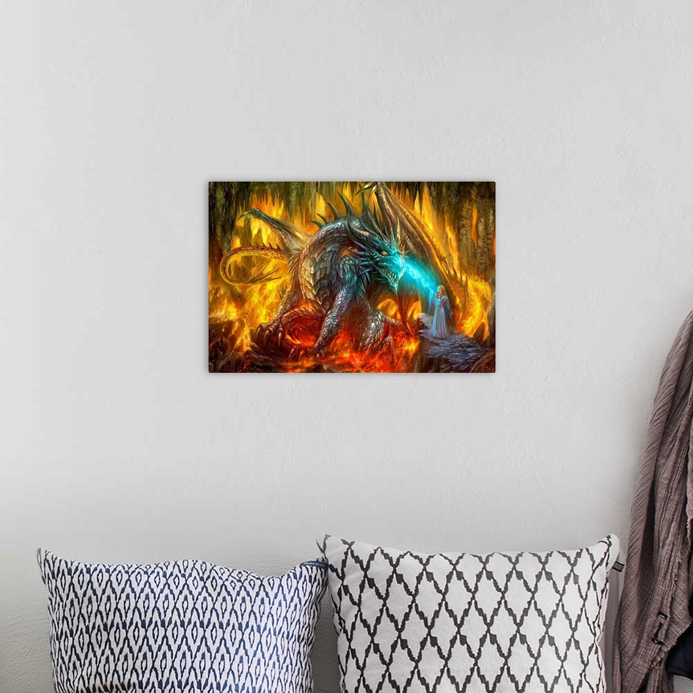 A bohemian room featuring Exciting fantasy artwork of a horned, fire-breathing dragon and a sorceress, deep in a cave fille...