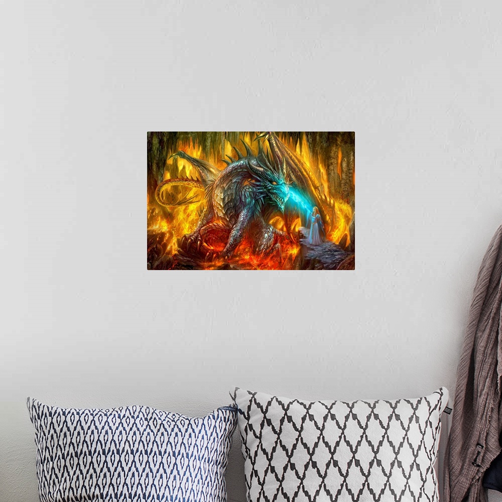 A bohemian room featuring Exciting fantasy artwork of a horned, fire-breathing dragon and a sorceress, deep in a cave fille...