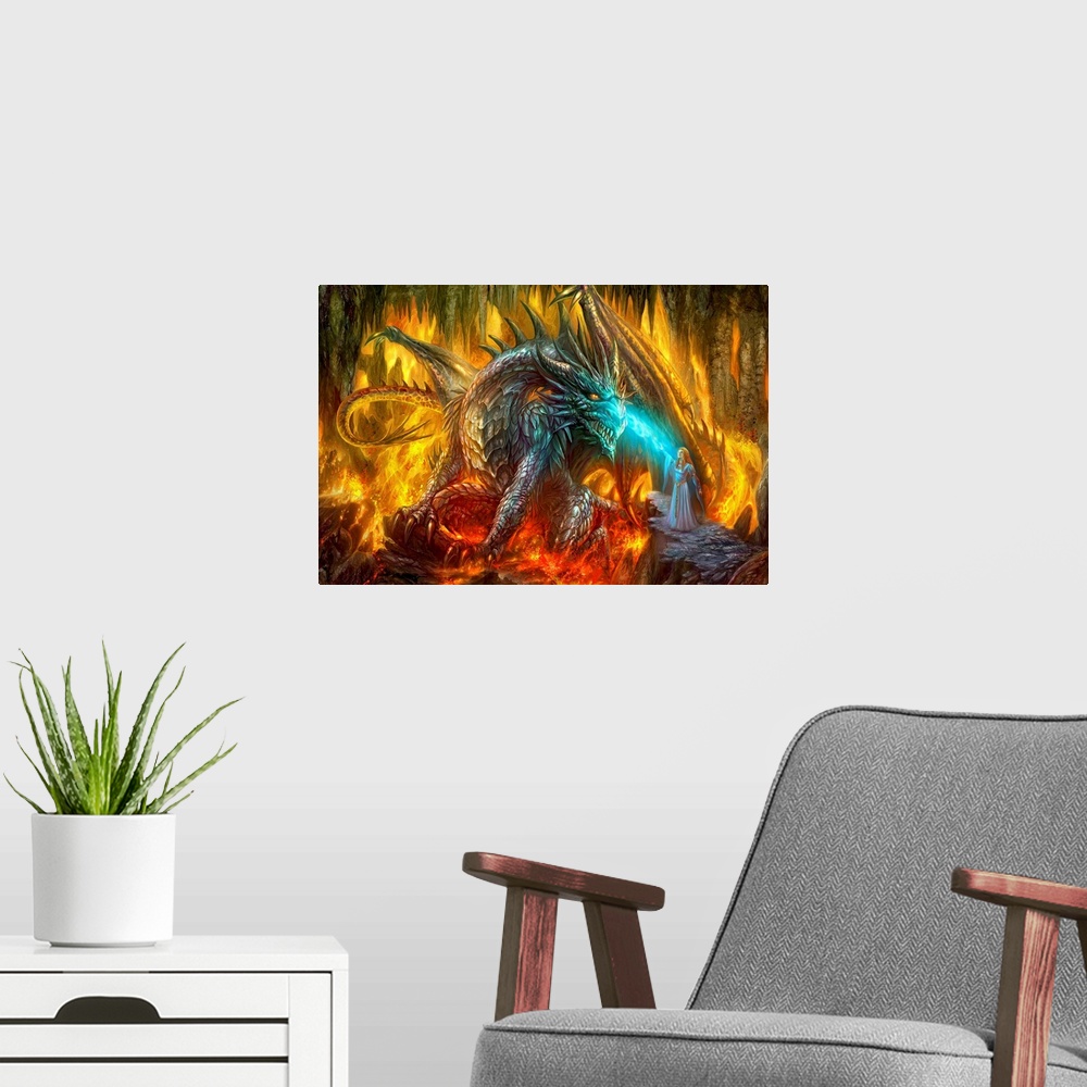 A modern room featuring Exciting fantasy artwork of a horned, fire-breathing dragon and a sorceress, deep in a cave fille...