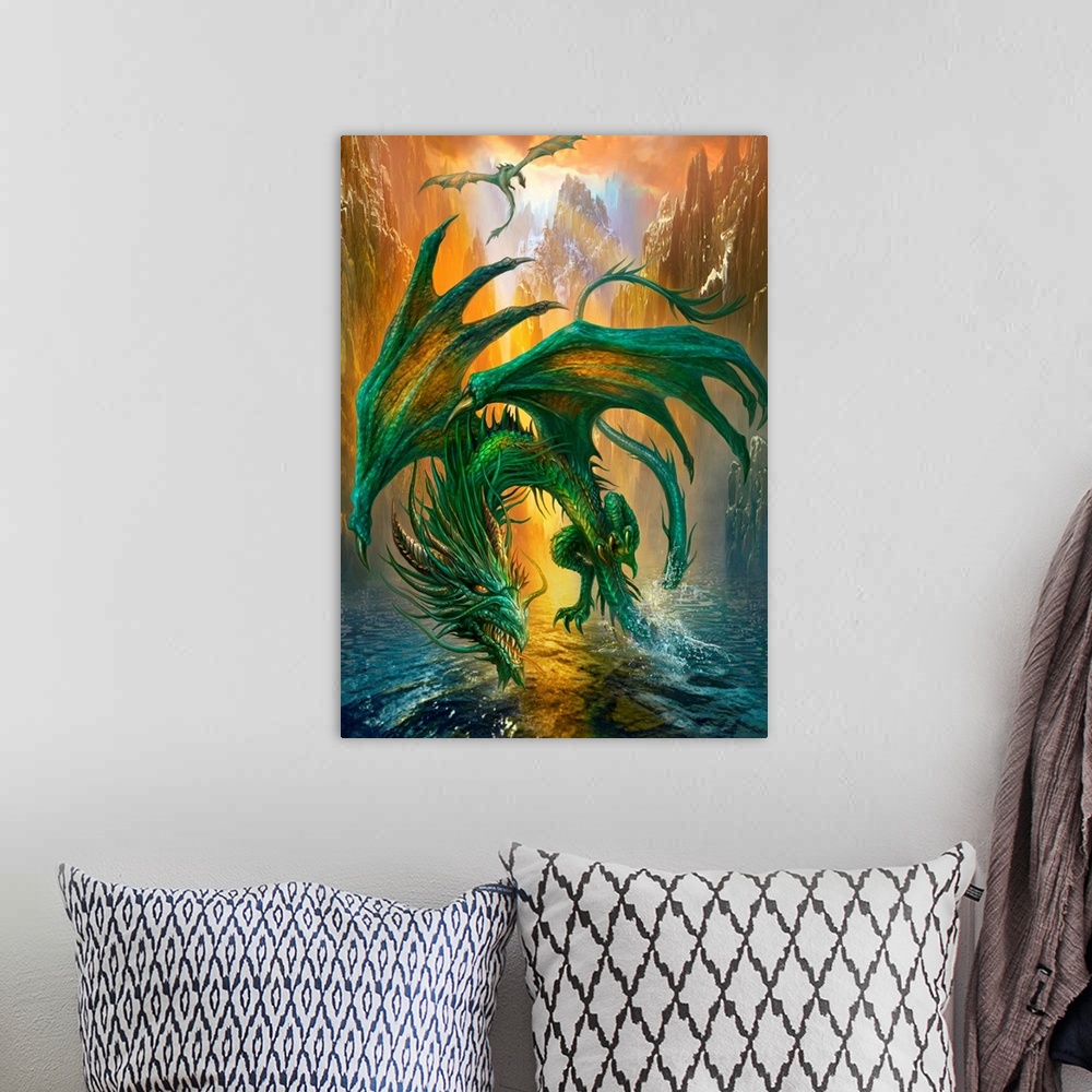 A bohemian room featuring Fantasy painting of a dragon flying low to the water in a canyon with another dragon in the dista...