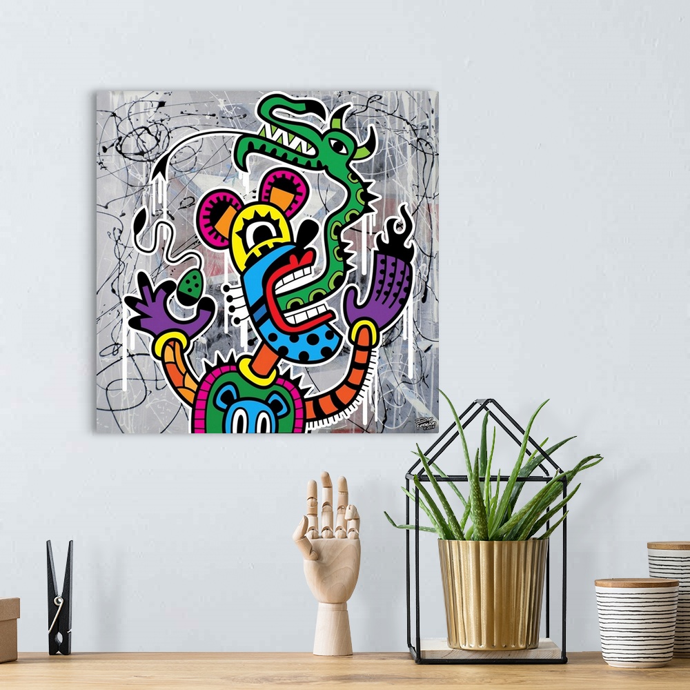 A bohemian room featuring Contemporary painting of a colorful and decorative mouse figure with a green dragon for a tongue,...