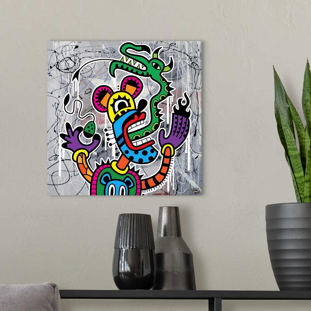 A modern room featuring Contemporary painting of a colorful and decorative mouse figure with a green dragon for a tongue,...