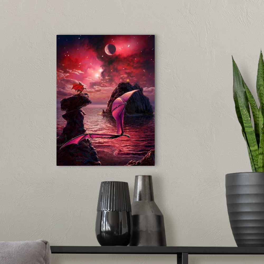 A modern room featuring Dragons with their riders soar over the rocky shoreline on a world bathed in the red light of a n...