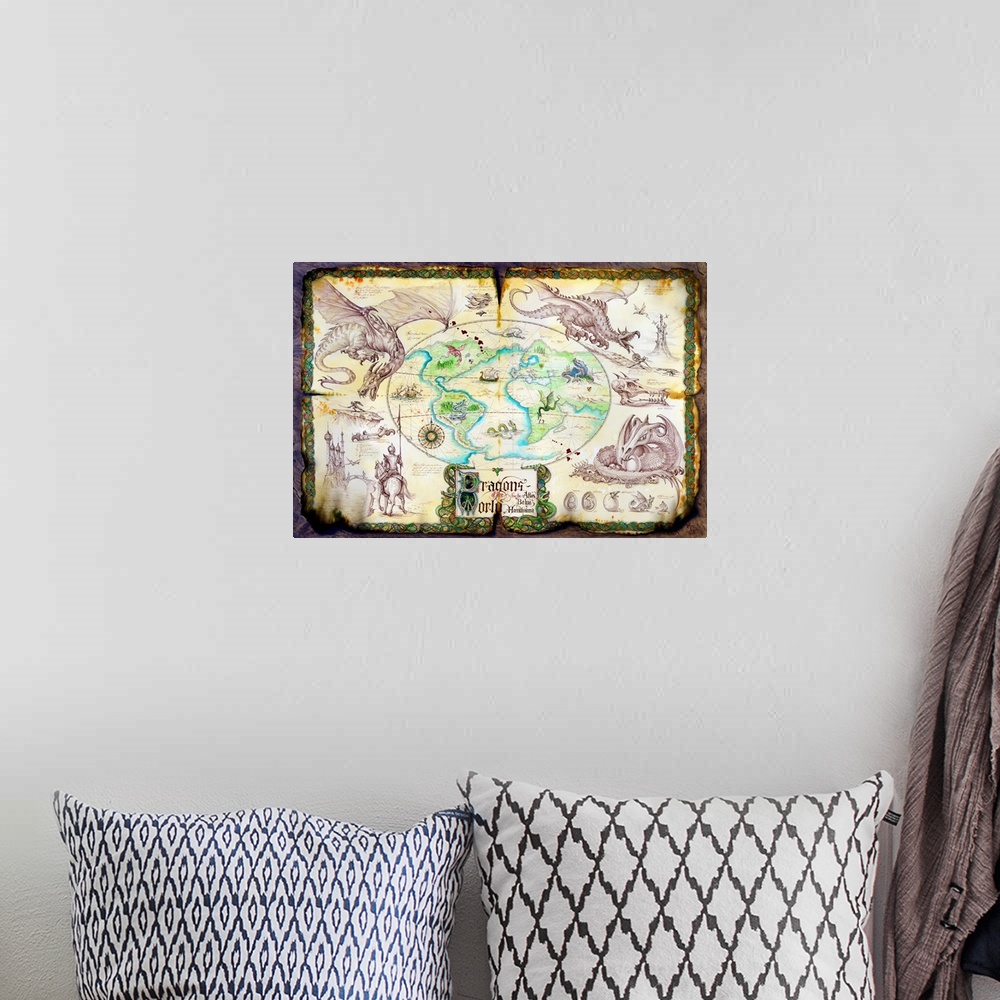 A bohemian room featuring Old and ripped map of the world surrounded by images of dragons and knights.