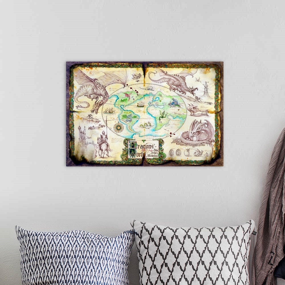 A bohemian room featuring Old and ripped map of the world surrounded by images of dragons and knights.