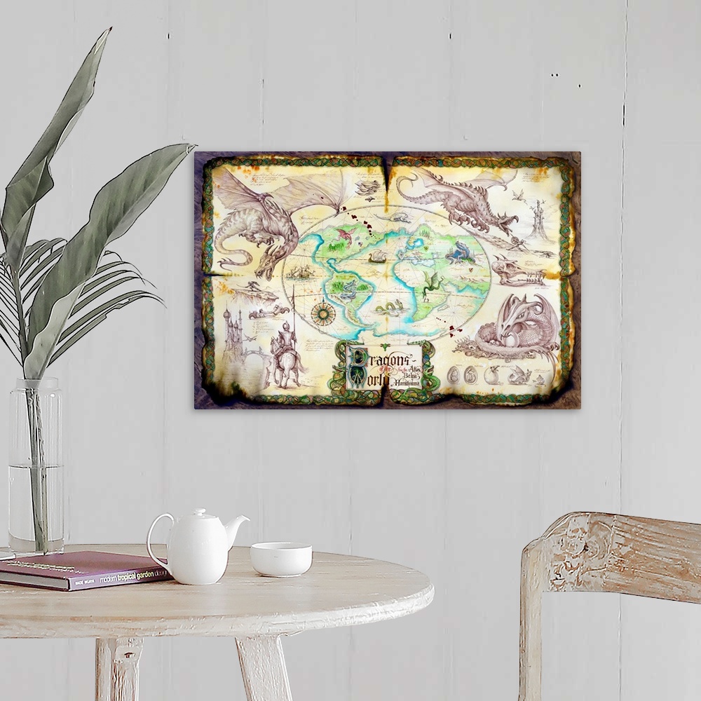 A farmhouse room featuring Old and ripped map of the world surrounded by images of dragons and knights.