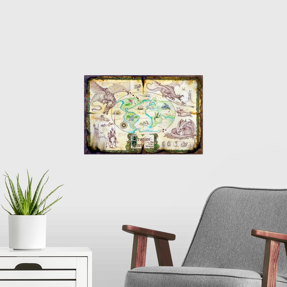 A modern room featuring Old and ripped map of the world surrounded by images of dragons and knights.