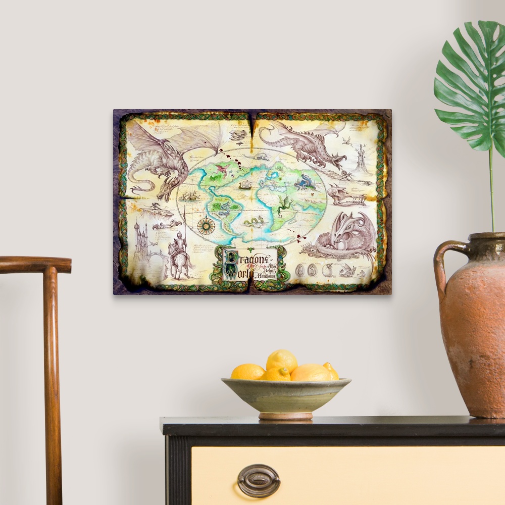 A traditional room featuring Old and ripped map of the world surrounded by images of dragons and knights.