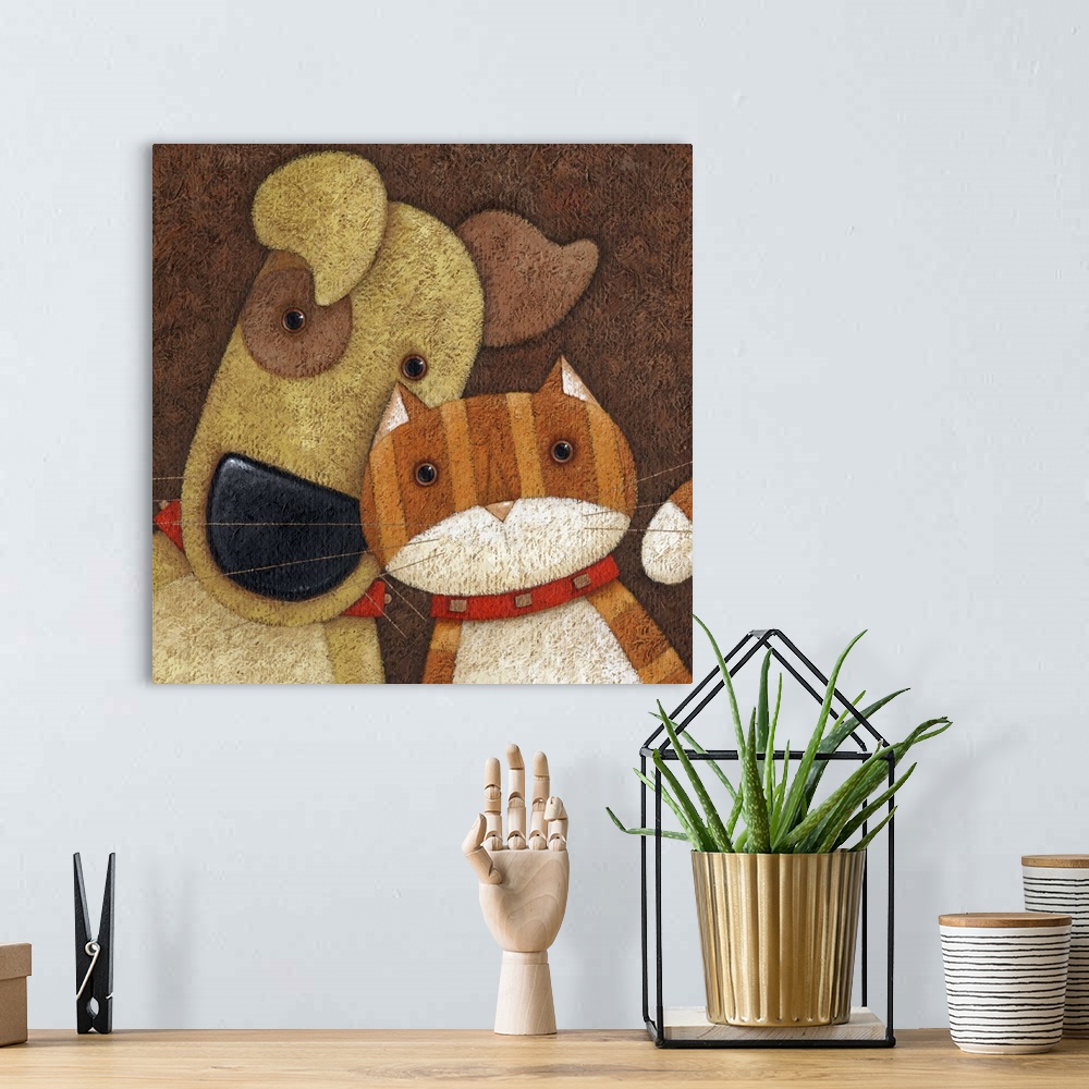 A bohemian room featuring Contemporary painting of a dog with a spot over his eye next to an orange striped cat.