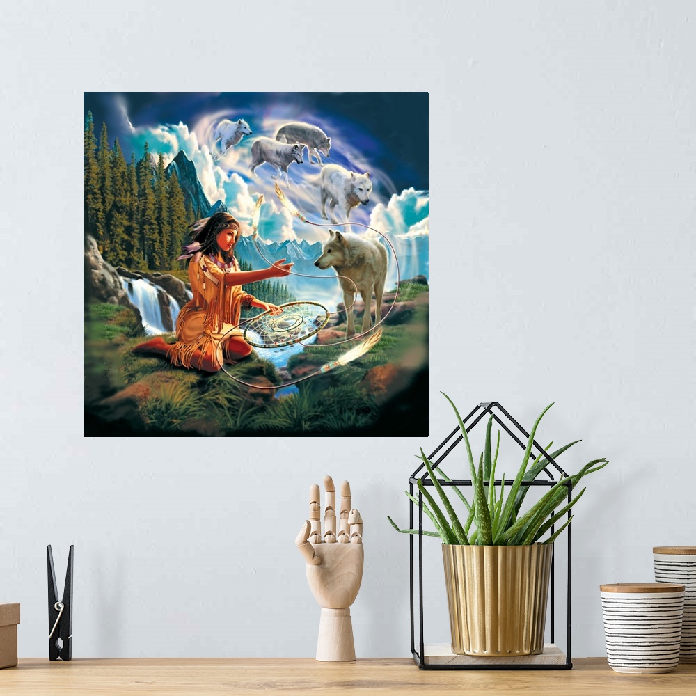 A bohemian room featuring A woman dressed as a Native American sits on a cliff on the with mountains and a waterfall in the...