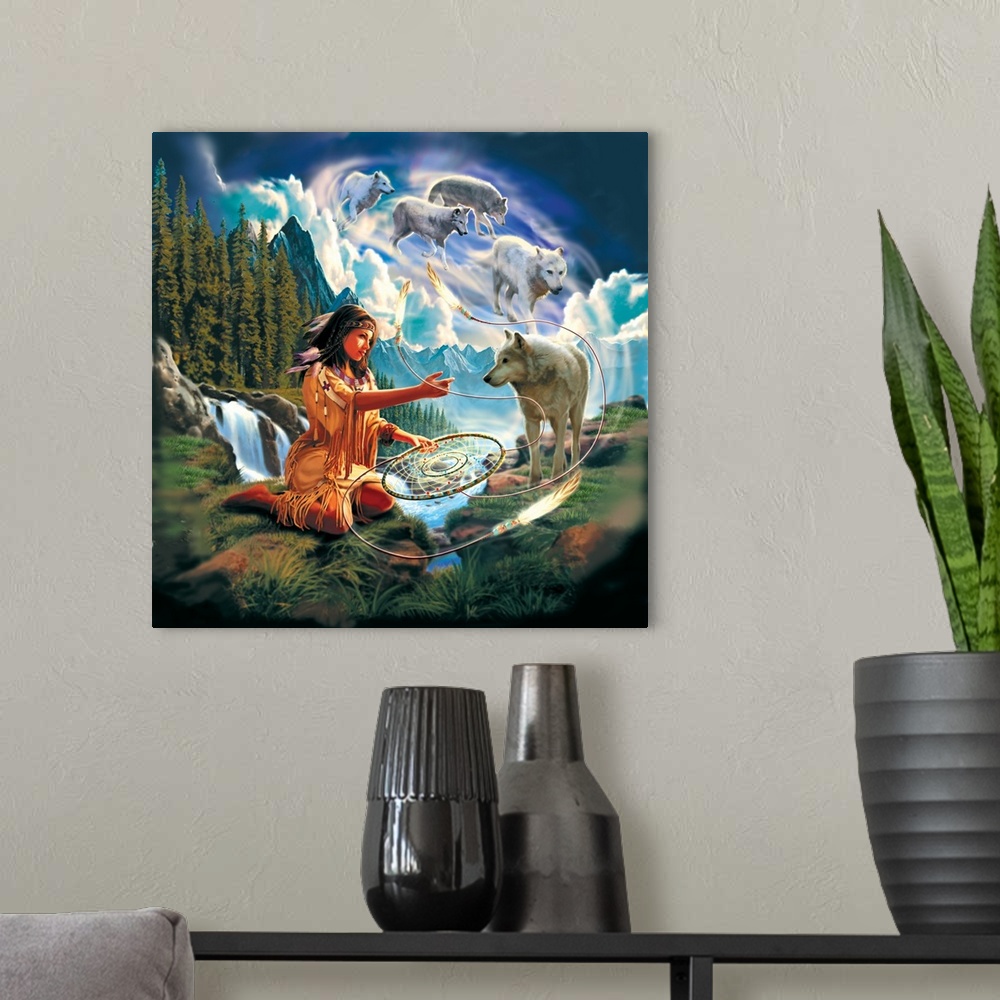 A modern room featuring A woman dressed as a Native American sits on a cliff on the with mountains and a waterfall in the...