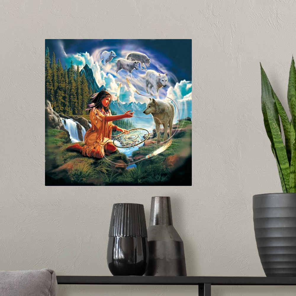 A modern room featuring A woman dressed as a Native American sits on a cliff on the with mountains and a waterfall in the...