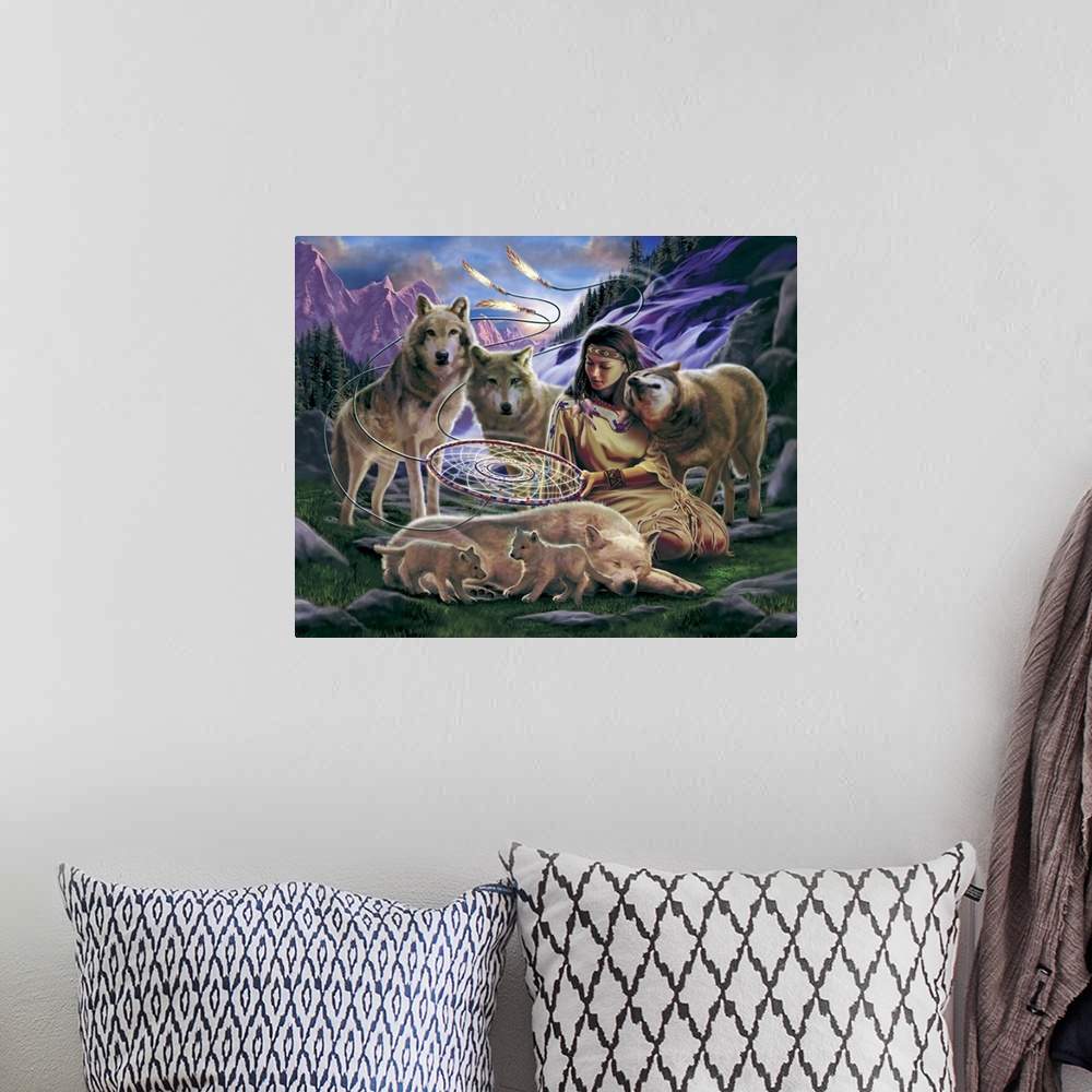 A bohemian room featuring Landscape, big canvas art of a Native American woman kneeling on the ground as she holds a dream ...