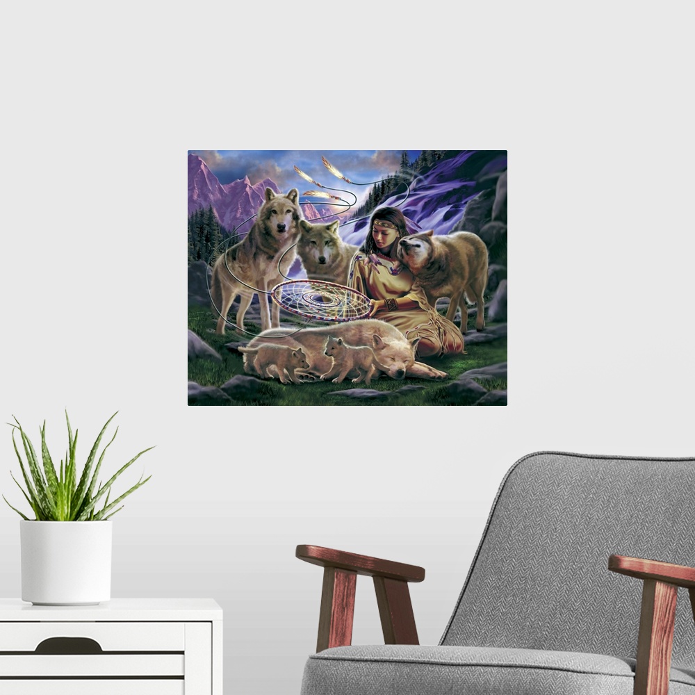 A modern room featuring Landscape, big canvas art of a Native American woman kneeling on the ground as she holds a dream ...