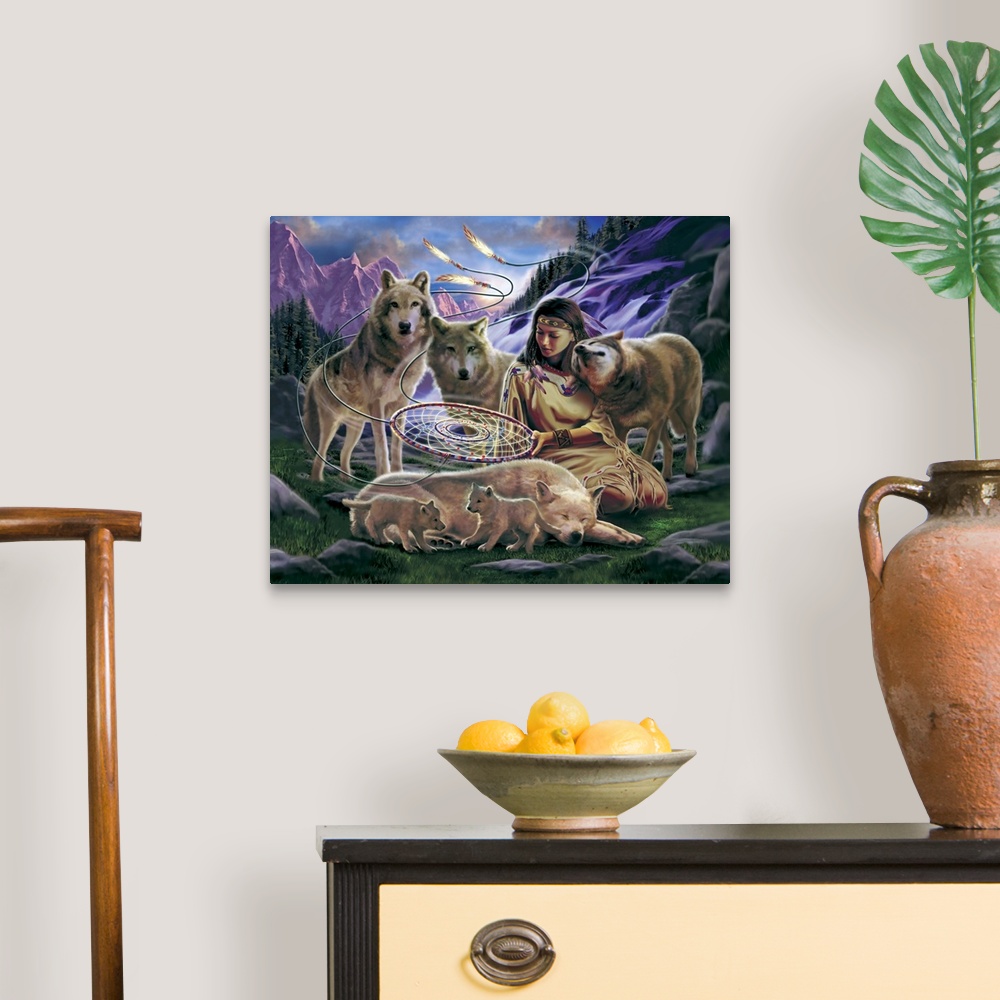 A traditional room featuring Landscape, big canvas art of a Native American woman kneeling on the ground as she holds a dream ...