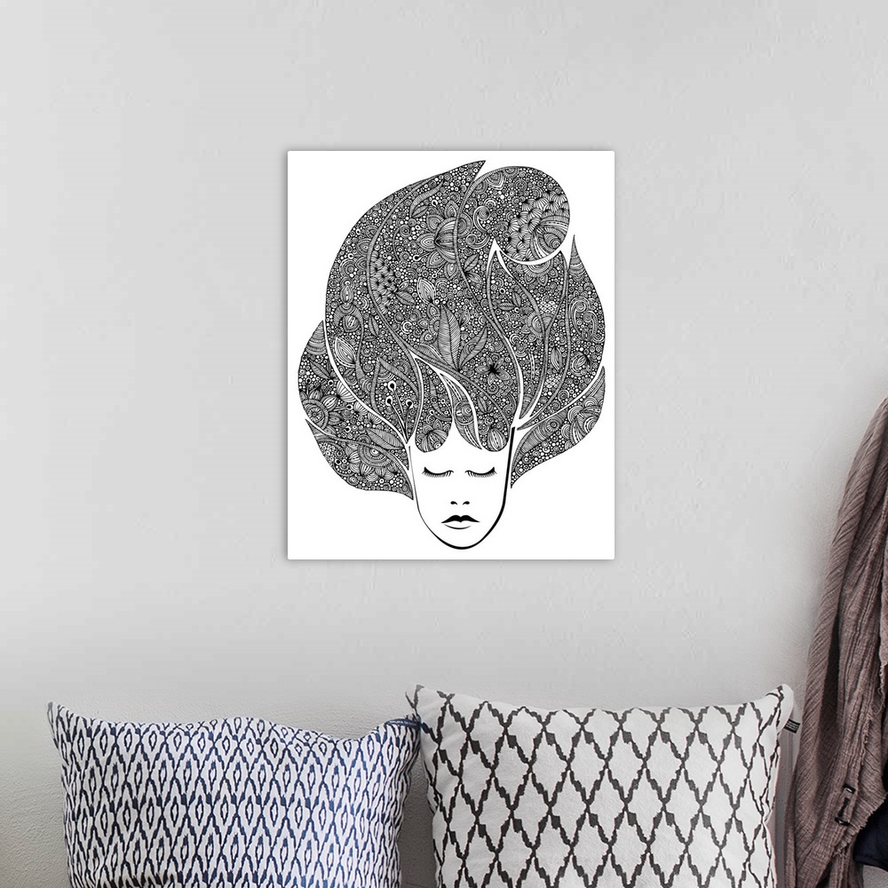 A bohemian room featuring Contemporary line art of female head with large decorative hair with flowers and intricate design...