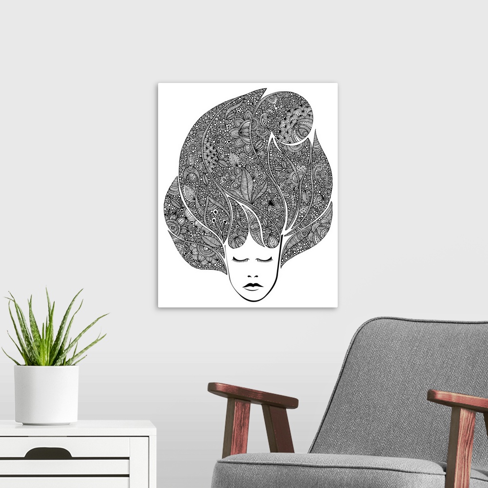 A modern room featuring Contemporary line art of female head with large decorative hair with flowers and intricate design...