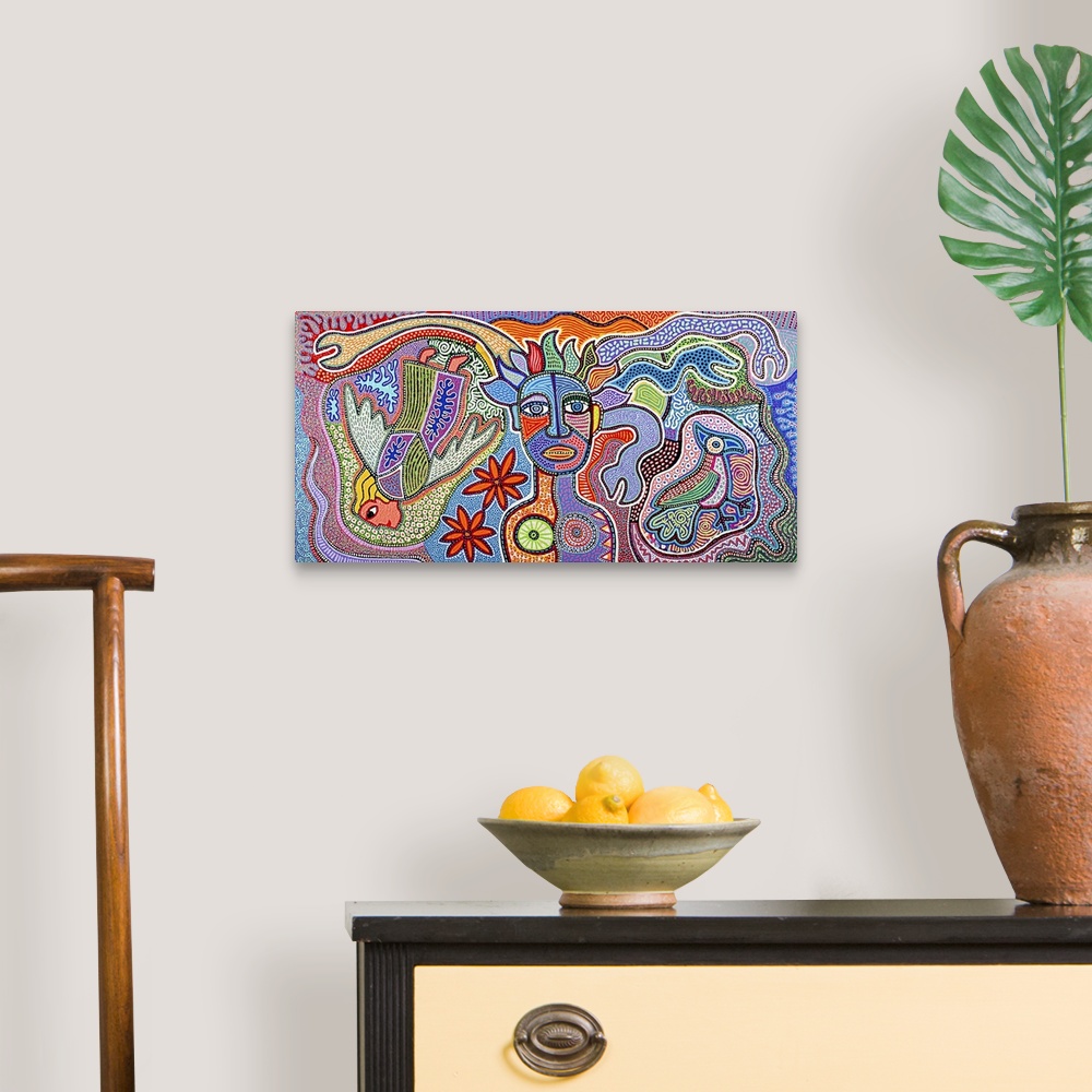 A traditional room featuring Contemporary aboriginal inspired artwork with bright colors and intricate detail.