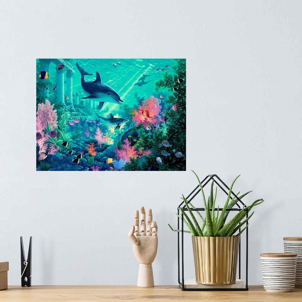 A bohemian room featuring Contemporary fantasy art of dolphins swimming underwater near column structures and colorful coral.