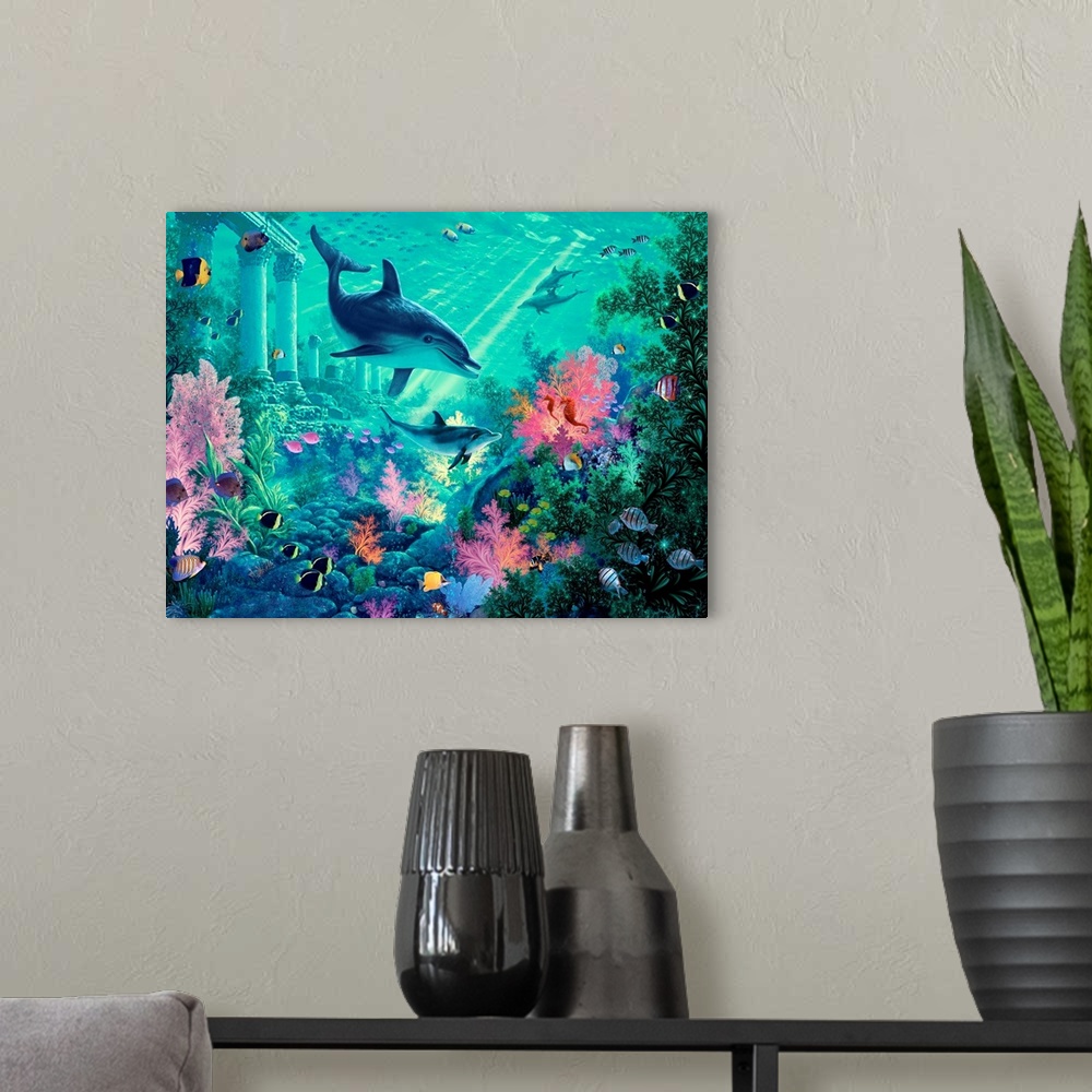A modern room featuring Contemporary fantasy art of dolphins swimming underwater near column structures and colorful coral.
