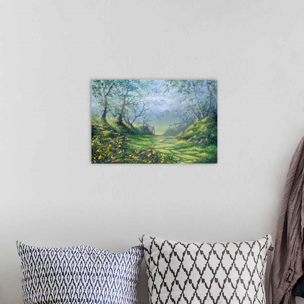 A bohemian room featuring Contemporary painting of  countryside clearing with lush green grass and bright yellow flowers al...