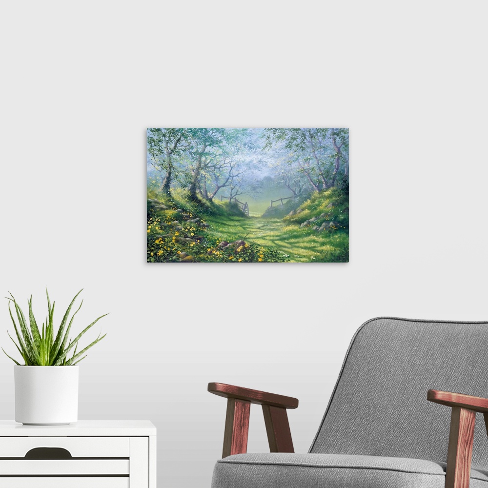 A modern room featuring Contemporary painting of  countryside clearing with lush green grass and bright yellow flowers al...
