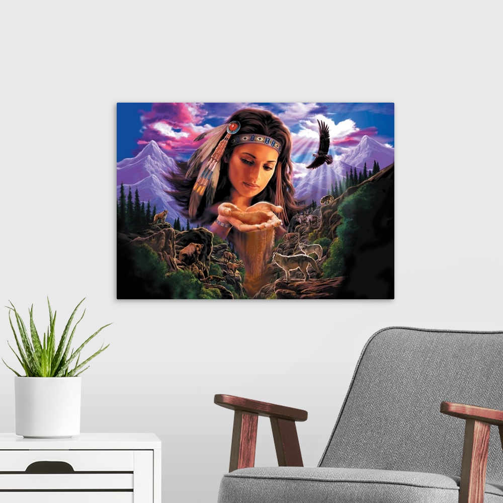 A modern room featuring Fantasy style artwork of an Indian woman that is drawn as big as the mountains to either side of ...