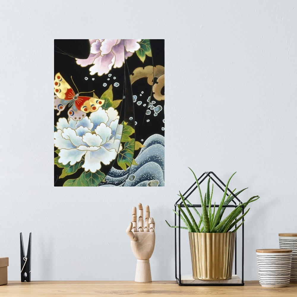 A bohemian room featuring Contemporary colorful and lavish looking Asian artwork. With flowers and butterflies.