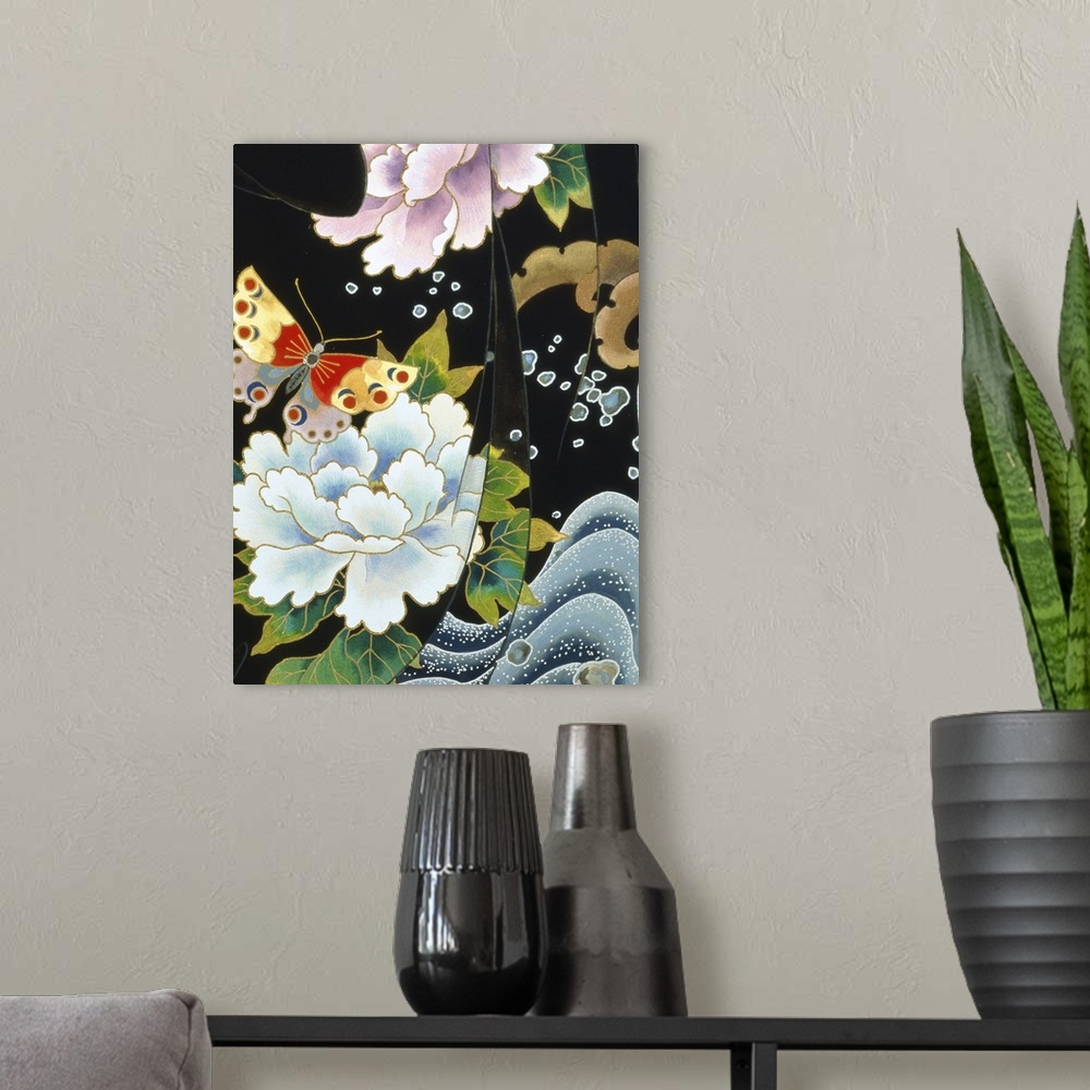 A modern room featuring Contemporary colorful and lavish looking Asian artwork. With flowers and butterflies.