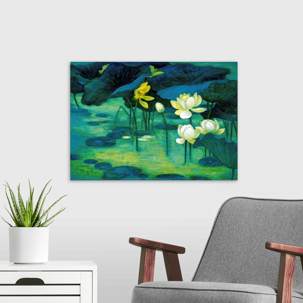 A modern room featuring Painting of lilies and flowers in a pond on canvas.