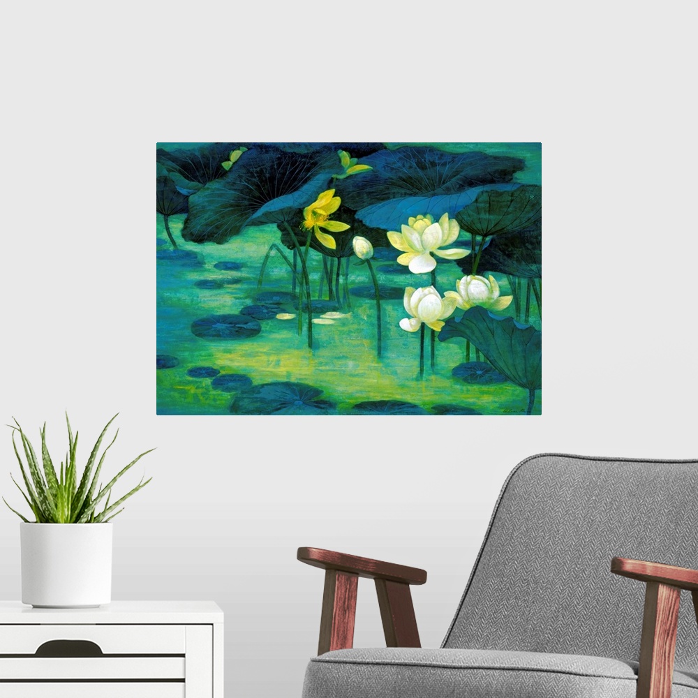 A modern room featuring Painting of lilies and flowers in a pond on canvas.