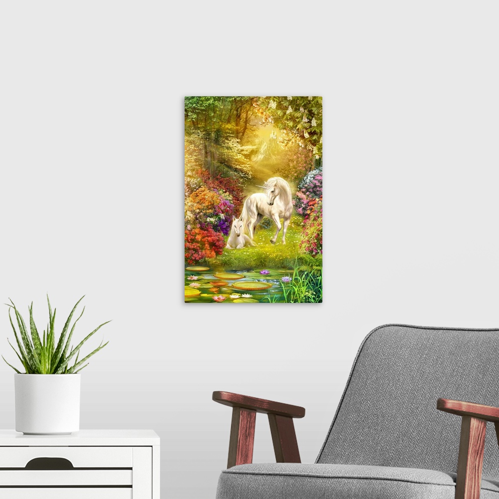 A modern room featuring Enchanted Garden Unicorns I