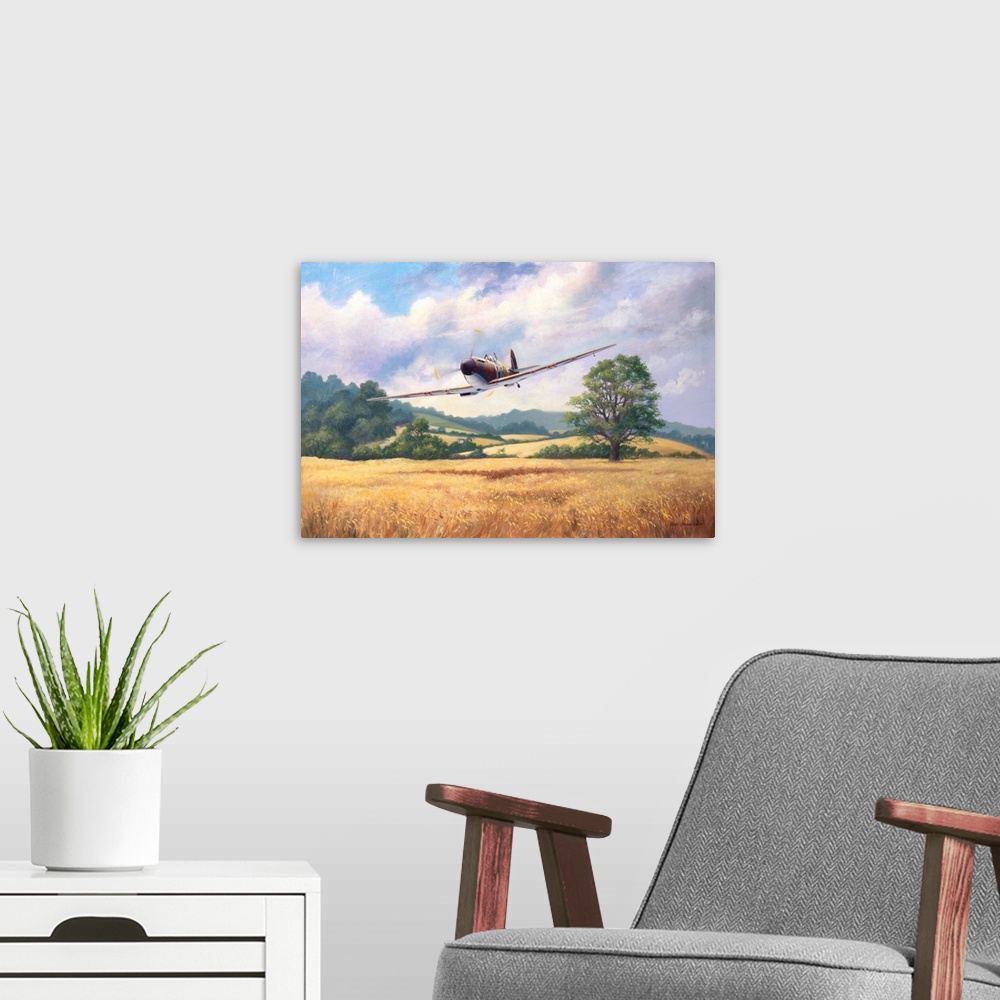 A modern room featuring Painting of a vintage military fighter plane flying low over a rural landscape.