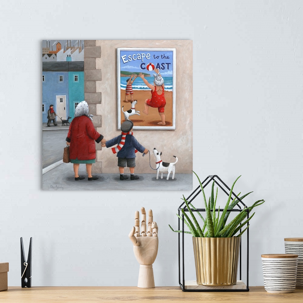 A bohemian room featuring Contemporary painting of a mother and her son walking along a city sidewalk and they both stop to...