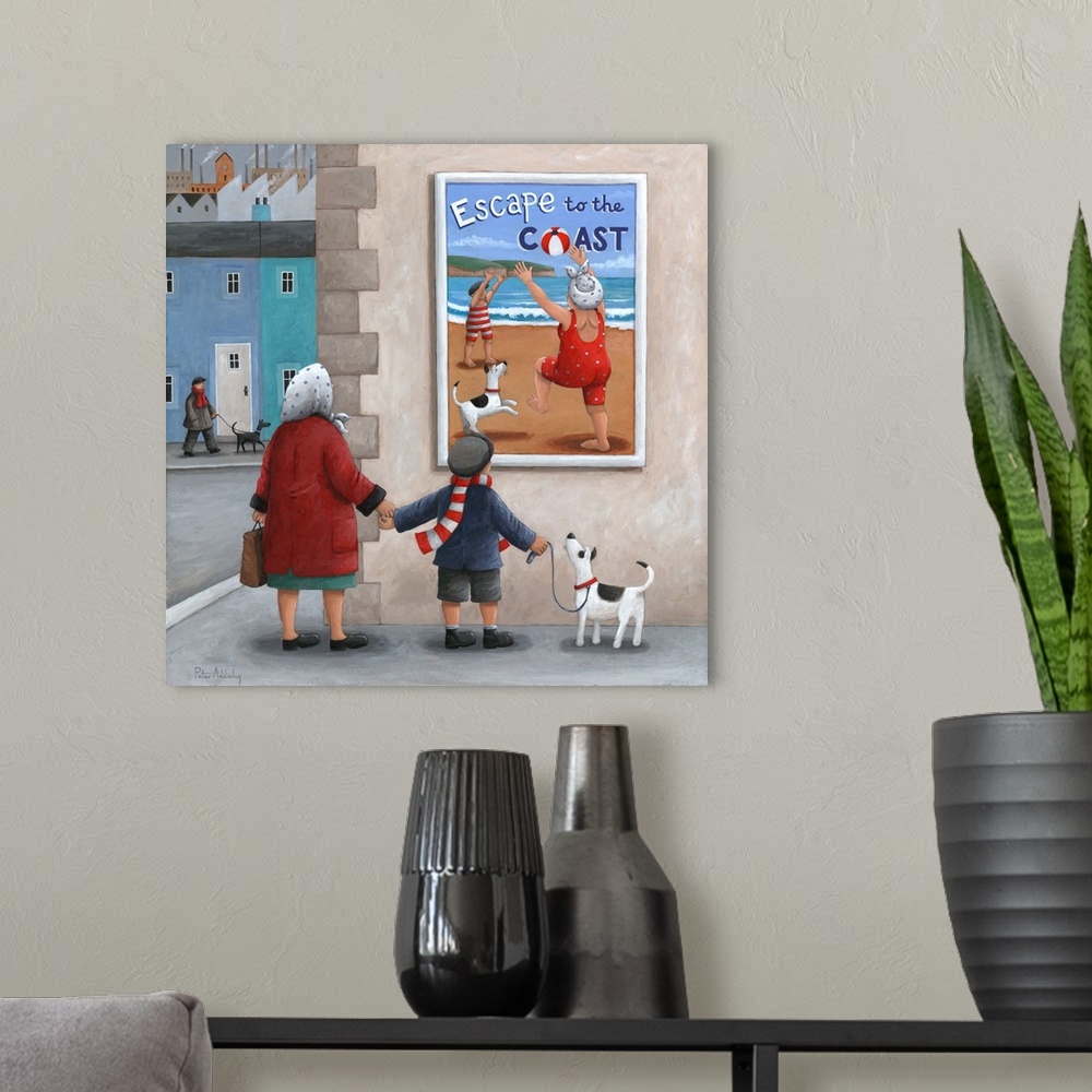 A modern room featuring Contemporary painting of a mother and her son walking along a city sidewalk and they both stop to...