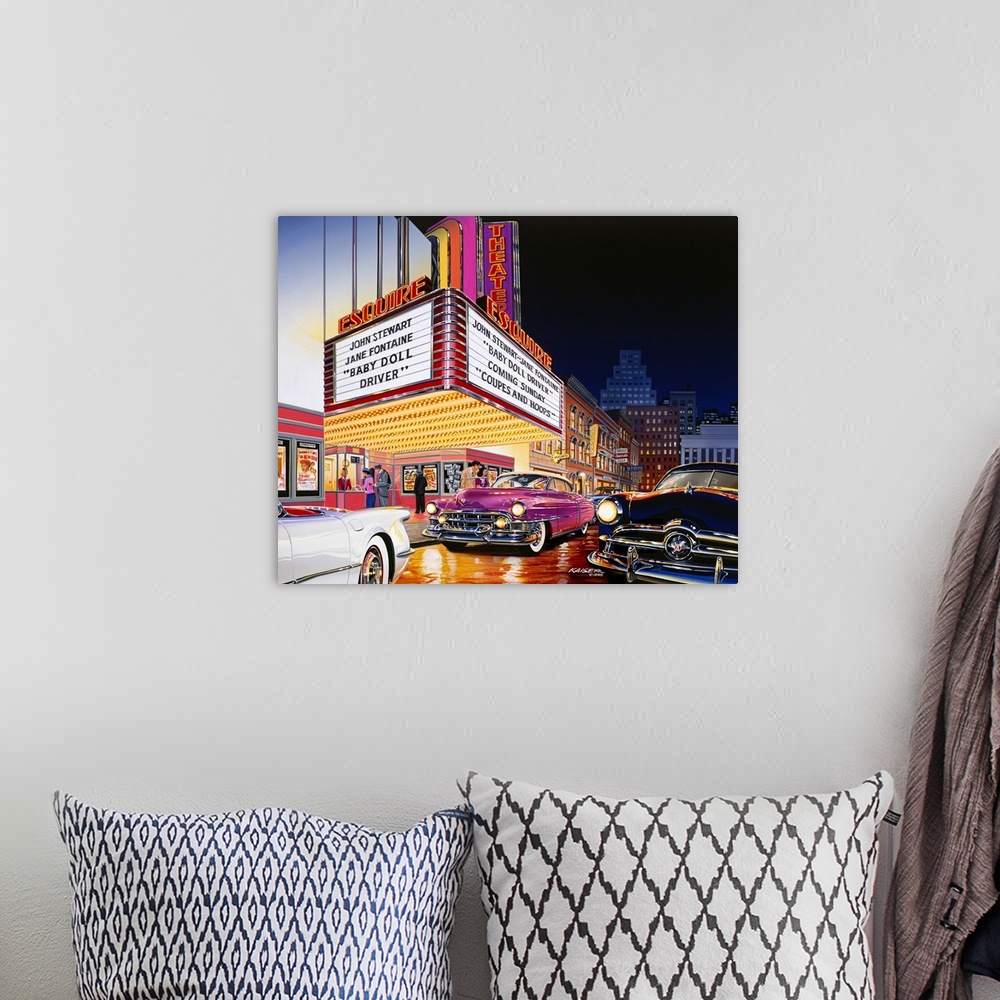 A bohemian room featuring Downtown Movie Theater circa 1956. 1953 Cadillac coupe, 1953 Chevy Corvette, 1949 Ford are all pi...