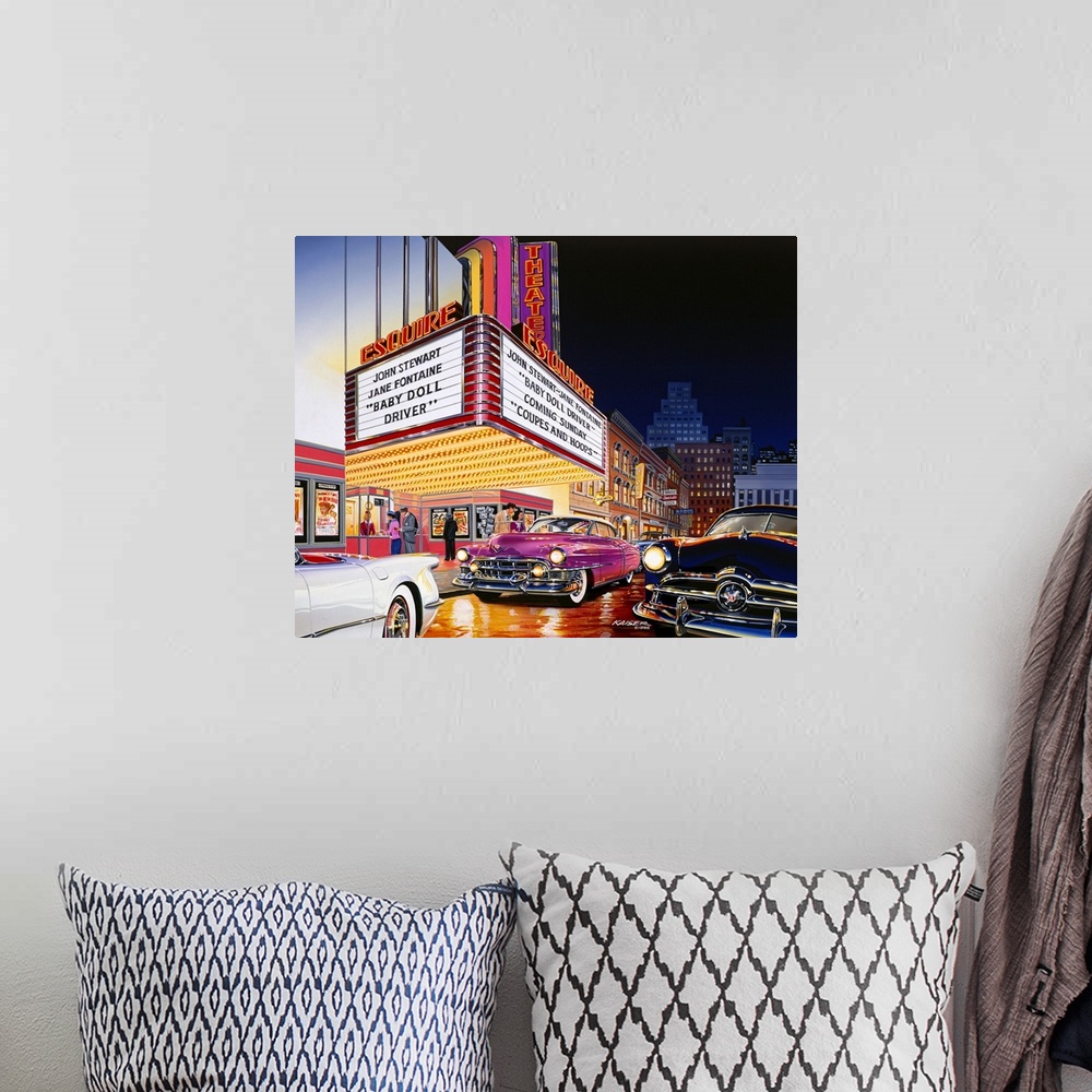 A bohemian room featuring Downtown Movie Theater circa 1956. 1953 Cadillac coupe, 1953 Chevy Corvette, 1949 Ford are all pi...