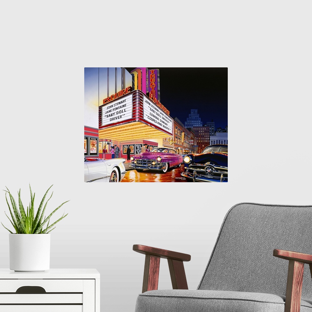 A modern room featuring Downtown Movie Theater circa 1956. 1953 Cadillac coupe, 1953 Chevy Corvette, 1949 Ford are all pi...