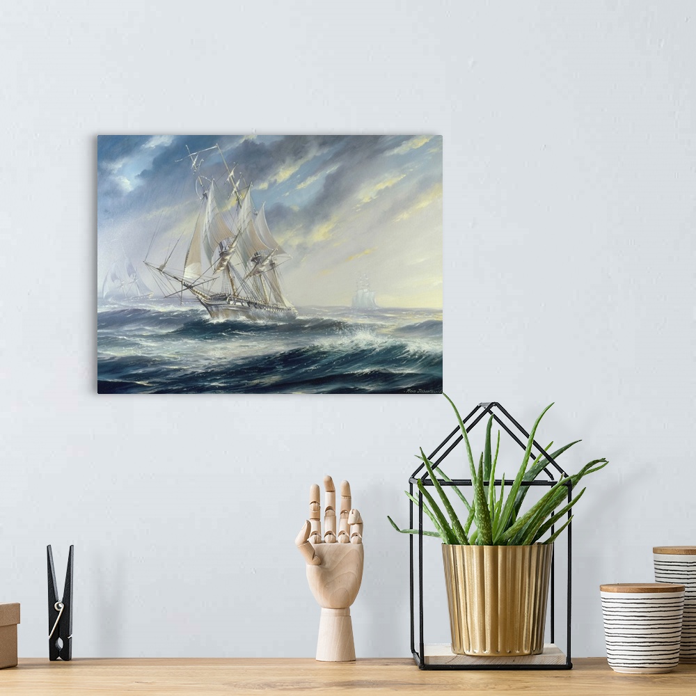 A bohemian room featuring Painting of of an old naval vessel traversing the open sea.