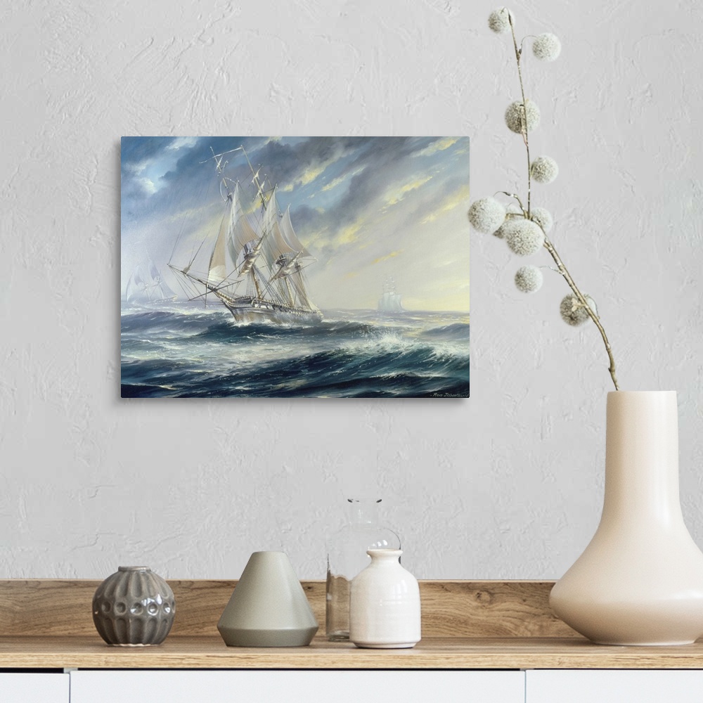 A farmhouse room featuring Painting of of an old naval vessel traversing the open sea.